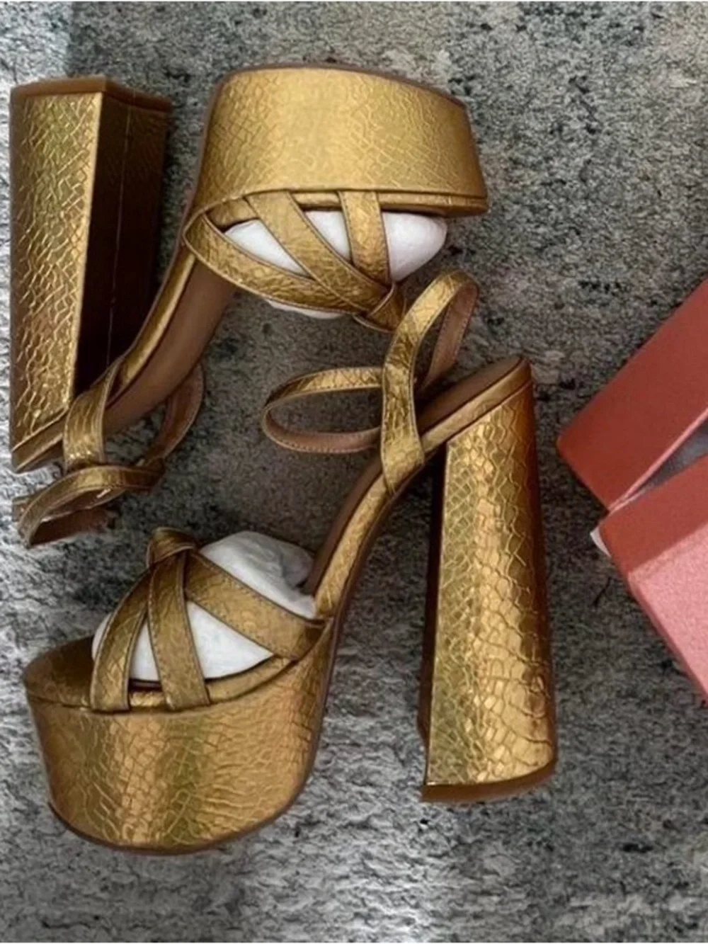 Gold Platform Block Heel Sandals with Ankle Strap